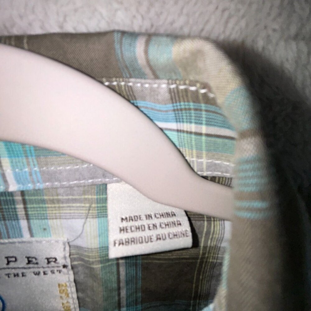 Roper Shirt Gray Teal Plaid Pearl Snap Long Sleeve Mens/Boys XL Chest 36" - Picture 7 of 9